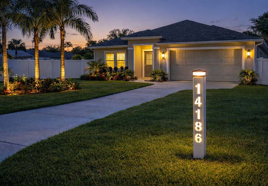 Illuminated Street Number Post at The Front of The House